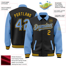 Загрузить изображение в средство просмотра галереи, Custom Black Light Blue-Gold Bomber Full-Snap Varsity Letterman Two Tone Lapel Collar Byron Jacket
