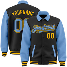 Загрузить изображение в средство просмотра галереи, Custom Black Light Blue-Gold Bomber Full-Snap Varsity Letterman Two Tone Lapel Collar Byron Jacket
