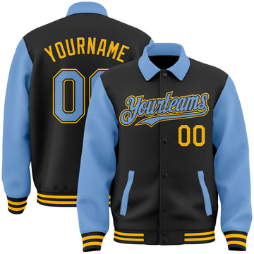 Custom Black Light Blue-Gold Bomber Full-Snap Varsity Letterman Two Tone Lapel Collar Byron Jacket