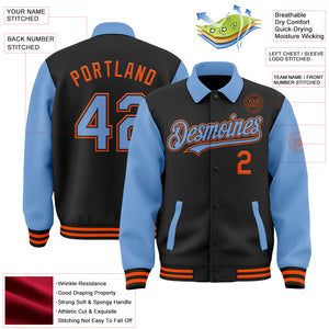 Custom Black Light Blue-Orange Bomber Full-Snap Varsity Letterman Two Tone Lapel Collar Byron Jacket