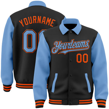 Custom Black Light Blue-Orange Bomber Full-Snap Varsity Letterman Two Tone Lapel Collar Byron Jacket