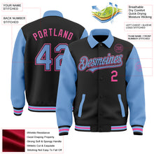 Загрузить изображение в средство просмотра галереи, Custom Black Light Blue-Pink Bomber Full-Snap Varsity Letterman Two Tone Lapel Collar Byron Jacket
