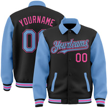 Загрузить изображение в средство просмотра галереи, Custom Black Light Blue-Pink Bomber Full-Snap Varsity Letterman Two Tone Lapel Collar Byron Jacket
