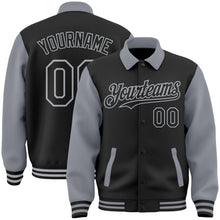 Загрузить изображение в средство просмотра галереи, Custom Black Gray Bomber Full-Snap Varsity Letterman Two Tone Lapel Collar Byron Jacket
