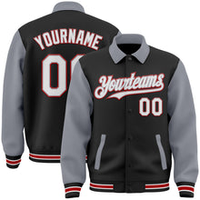 Загрузить изображение в средство просмотра галереи, Custom Black Gray-Red Bomber Full-Snap Varsity Letterman Two Tone Lapel Collar Byron Jacket
