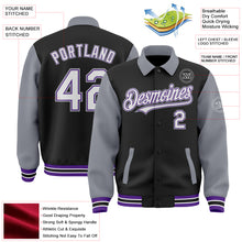 Загрузить изображение в средство просмотра галереи, Custom Black Gray-Purple Bomber Full-Snap Varsity Letterman Two Tone Lapel Collar Byron Jacket
