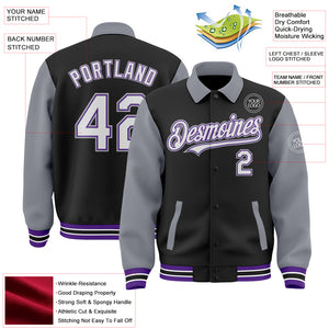 Custom Black Gray-Purple Bomber Full-Snap Varsity Letterman Two Tone Lapel Collar Byron Jacket