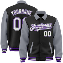 Загрузить изображение в средство просмотра галереи, Custom Black Gray-Purple Bomber Full-Snap Varsity Letterman Two Tone Lapel Collar Byron Jacket
