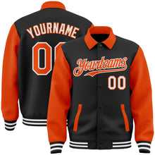 Загрузить изображение в средство просмотра галереи, Custom Black Orange-White Bomber Full-Snap Varsity Letterman Two Tone Lapel Collar Byron Jacket
