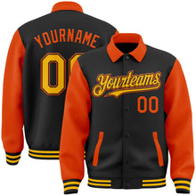 Загрузить изображение в средство просмотра галереи, Custom Black Gold-Orange Bomber Full-Snap Varsity Letterman Two Tone Lapel Collar Byron Jacket
