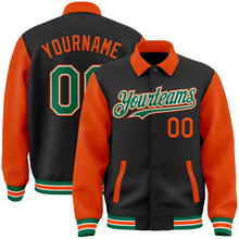 Charger l&#39;image dans la galerie, Custom Black Kelly Green-Orange Bomber Full-Snap Varsity Letterman Two Tone Lapel Collar Byron Jacket
