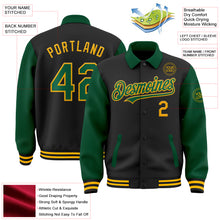 Загрузить изображение в средство просмотра галереи, Custom Black Kelly Green-Gold Bomber Full-Snap Varsity Letterman Two Tone Lapel Collar Byron Jacket
