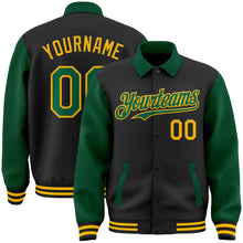 Загрузить изображение в средство просмотра галереи, Custom Black Kelly Green-Gold Bomber Full-Snap Varsity Letterman Two Tone Lapel Collar Byron Jacket
