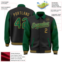 Загрузить изображение в средство просмотра галереи, Custom Black Kelly Green-Old Gold Bomber Full-Snap Varsity Letterman Two Tone Lapel Collar Byron Jacket
