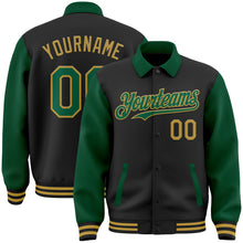 Загрузить изображение в средство просмотра галереи, Custom Black Kelly Green-Old Gold Bomber Full-Snap Varsity Letterman Two Tone Lapel Collar Byron Jacket
