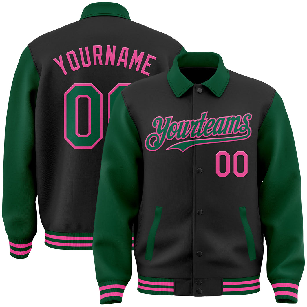 Custom Black Kelly Green-Pink Bomber Full-Snap Varsity Letterman Two Tone Lapel Collar Byron Jacket