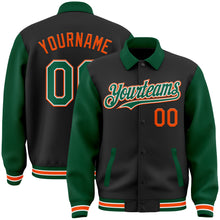 Загрузить изображение в средство просмотра галереи, Custom Black Kelly Green-Orange Bomber Full-Snap Varsity Letterman Two Tone Lapel Collar Byron Jacket
