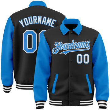 Custom Black Powder Blue-White Bomber Full-Snap Varsity Letterman Two Tone Lapel Collar Byron Jacket