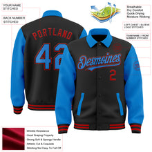 Загрузить изображение в средство просмотра галереи, Custom Black Powder Blue-Red Bomber Full-Snap Varsity Letterman Two Tone Lapel Collar Byron Jacket
