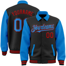 Загрузить изображение в средство просмотра галереи, Custom Black Powder Blue-Red Bomber Full-Snap Varsity Letterman Two Tone Lapel Collar Byron Jacket
