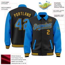 Charger l&#39;image dans la galerie, Custom Black Powder Blue-Gold Bomber Full-Snap Varsity Letterman Two Tone Lapel Collar Byron Jacket
