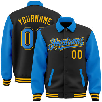 Custom Black Electric Blue-Gold Bomber Full-Snap Varsity Letterman Two Tone Lapel Collar Byron Jacket