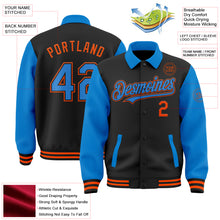 Загрузить изображение в средство просмотра галереи, Custom Black Powder Blue-Orange Bomber Full-Snap Varsity Letterman Two Tone Lapel Collar Byron Jacket
