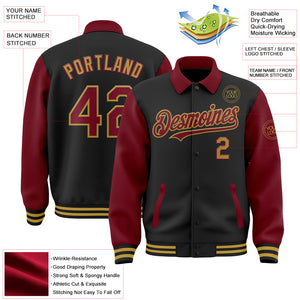 Custom Black Crimson-Old Gold Bomber Full-Snap Varsity Letterman Two Tone Lapel Collar Byron Jacket