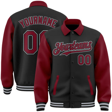 Custom Black Crimson-Gray Bomber Full-Snap Varsity Letterman Two Tone Lapel Collar Byron Jacket