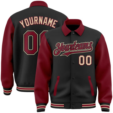 Custom Black Crimson-City Cream Bomber Full-Snap Varsity Letterman Two Tone Lapel Collar Byron Jacket