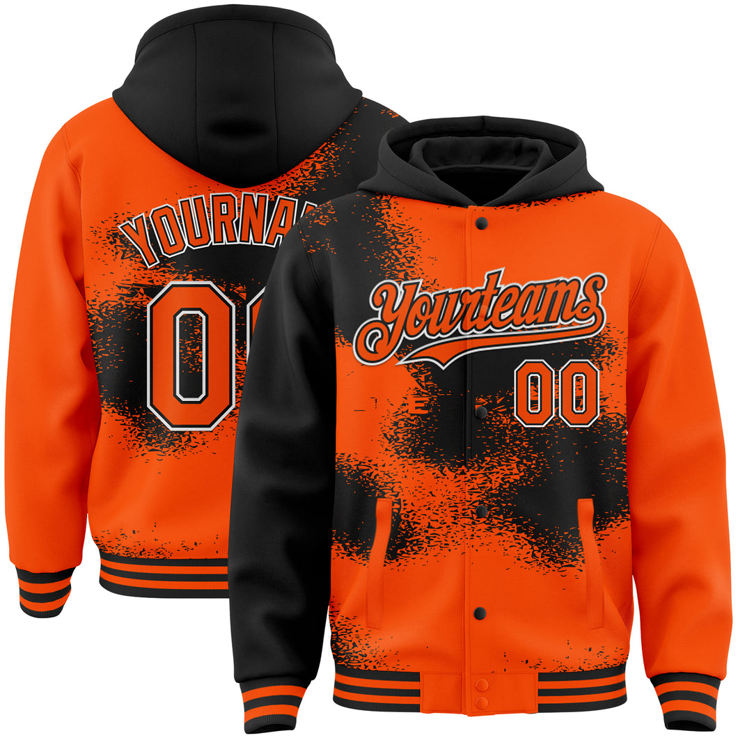 Custom Orange Black-White Abstract Color Blocks Fragment Art 3D Pattern Design Bomber Full-Snap Varsity Letterman Hoodie Jacket