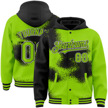 Load image into Gallery viewer, Custom Neon Green Black-White Abstract Color Blocks Fragment Art 3D Pattern Design Bomber Full-Snap Varsity Letterman Hoodie Jacket
