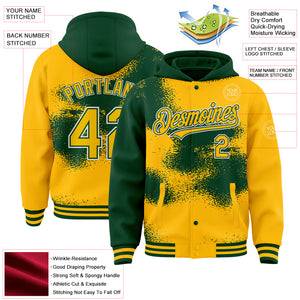 Custom Gold Green-White Abstract Color Blocks Fragment Art 3D Pattern Design Bomber Full-Snap Varsity Letterman Hoodie Jacket