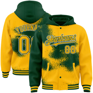 Custom Gold Green-White Abstract Color Blocks Fragment Art 3D Pattern Design Bomber Full-Snap Varsity Letterman Hoodie Jacket