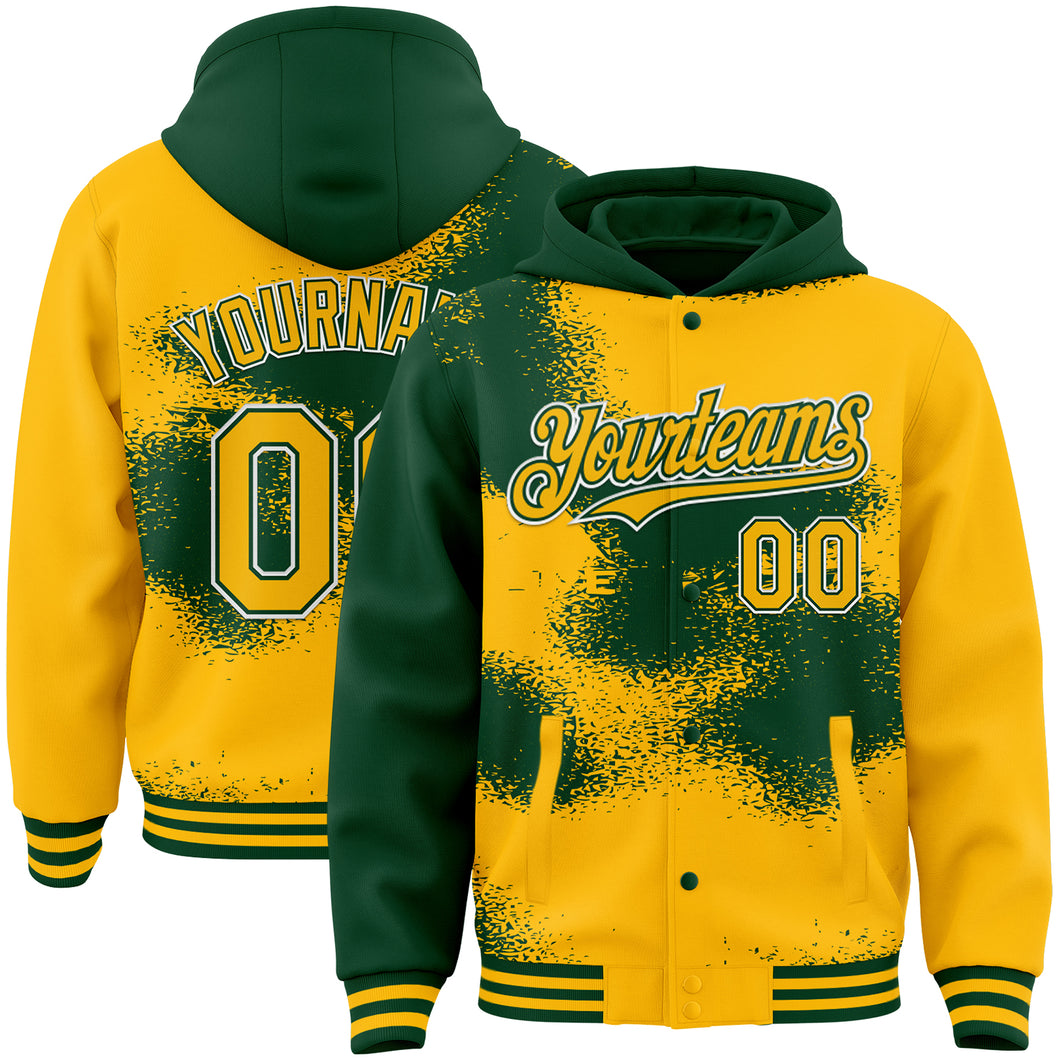 Custom Gold Green-White Abstract Color Blocks Fragment Art 3D Pattern Design Bomber Full-Snap Varsity Letterman Hoodie Jacket