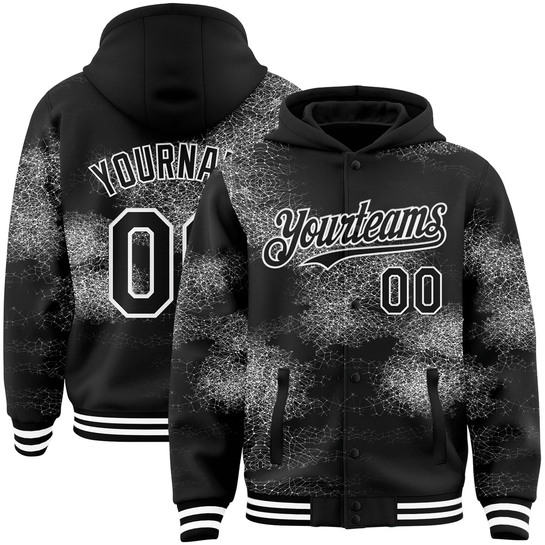 Custom Black White Abstract Network 3D Pattern Design Bomber Full-Snap Varsity Letterman Hoodie Jacket