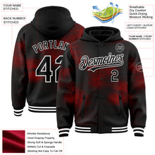 Laden Sie das Bild in den Galerie-Viewer, Custom Black Red-White Abstract Network 3D Pattern Design Bomber Full-Snap Varsity Letterman Hoodie Jacket
