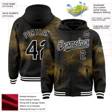 Laden Sie das Bild in den Galerie-Viewer, Custom Black Old Gold-White Abstract Network 3D Pattern Design Bomber Full-Snap Varsity Letterman Hoodie Jacket
