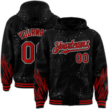 Load image into Gallery viewer, Custom Black Red-White Geometric Shape 3D Pattern Design Bomber Full-Snap Varsity Letterman Hoodie Jacket
