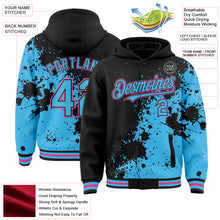 Laden Sie das Bild in den Galerie-Viewer, Custom Black Sky Blue-Pink Abstract Splash Grunge Art 3D Pattern Design Bomber Full-Snap Varsity Letterman Hoodie Jacket
