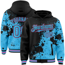 Laden Sie das Bild in den Galerie-Viewer, Custom Black Sky Blue-Pink Abstract Splash Grunge Art 3D Pattern Design Bomber Full-Snap Varsity Letterman Hoodie Jacket
