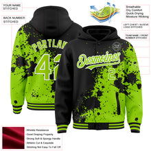 Charger l&#39;image dans la galerie, Custom Black Neon Green-White Abstract Splash Grunge Art 3D Pattern Design Bomber Full-Snap Varsity Letterman Hoodie Jacket
