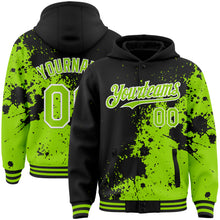 Laden Sie das Bild in den Galerie-Viewer, Custom Black Neon Green-White Abstract Splash Grunge Art 3D Pattern Design Bomber Full-Snap Varsity Letterman Hoodie Jacket
