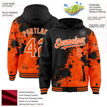 Laden Sie das Bild in den Galerie-Viewer, Custom Black Orange-White Abstract Splash Grunge Art 3D Pattern Design Bomber Full-Snap Varsity Letterman Hoodie Jacket
