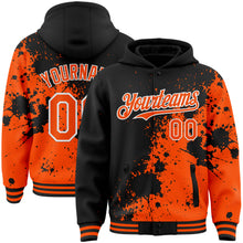 Laden Sie das Bild in den Galerie-Viewer, Custom Black Orange-White Abstract Splash Grunge Art 3D Pattern Design Bomber Full-Snap Varsity Letterman Hoodie Jacket
