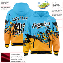 Загрузить изображение в средство просмотра галереи, Custom Sky Blue Black-Gold Abstract Splash Grunge Art 3D Pattern Design Bomber Full-Snap Varsity Letterman Hoodie Jacket
