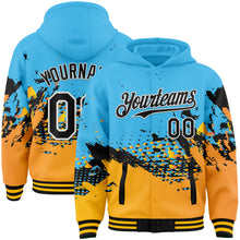 Загрузить изображение в средство просмотра галереи, Custom Sky Blue Black-Gold Abstract Splash Grunge Art 3D Pattern Design Bomber Full-Snap Varsity Letterman Hoodie Jacket
