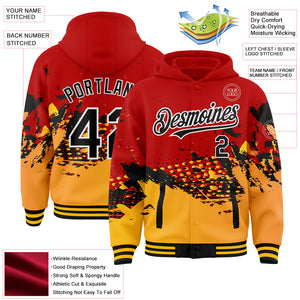 Custom Red Black-Gold Abstract Splash Grunge Art 3D Pattern Design Bomber Full-Snap Varsity Letterman Hoodie Jacket