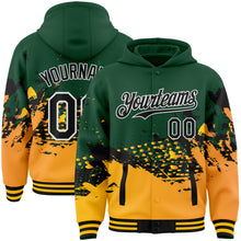 Load image into Gallery viewer, Custom Green Black-Gold Abstract Splash Grunge Art 3D Pattern Design Bomber Full-Snap Varsity Letterman Hoodie Jacket
