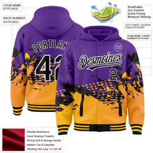 Laden Sie das Bild in den Galerie-Viewer, Custom Purple Gold-Black Abstract Splash Grunge Art 3D Pattern Design Bomber Full-Snap Varsity Letterman Hoodie Jacket
